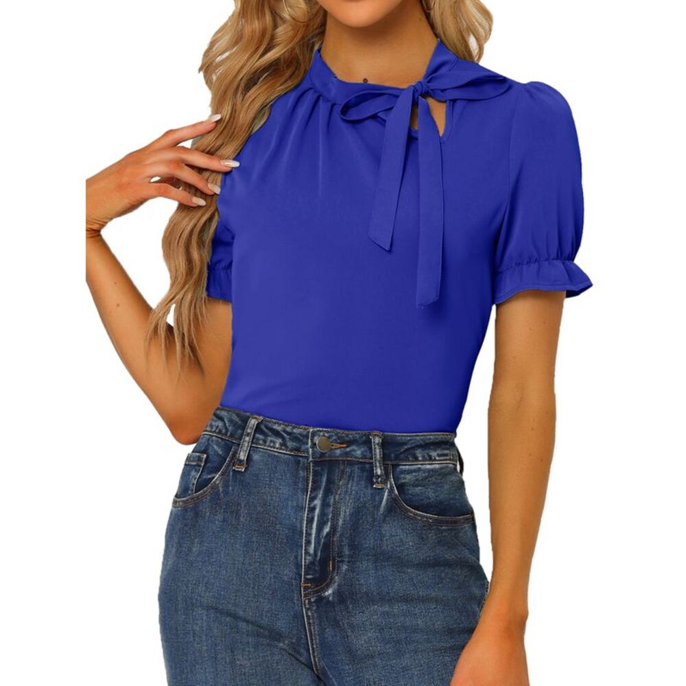 Bow Tie Neck Tops Workwear Short Sleeve Blouse Royal Blue